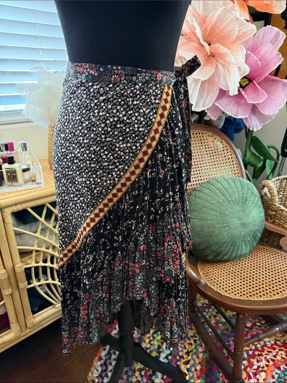 Free People Esmeralda Dark Combo Floral Ruffle Boho Hippie Midi Wrap Skirt